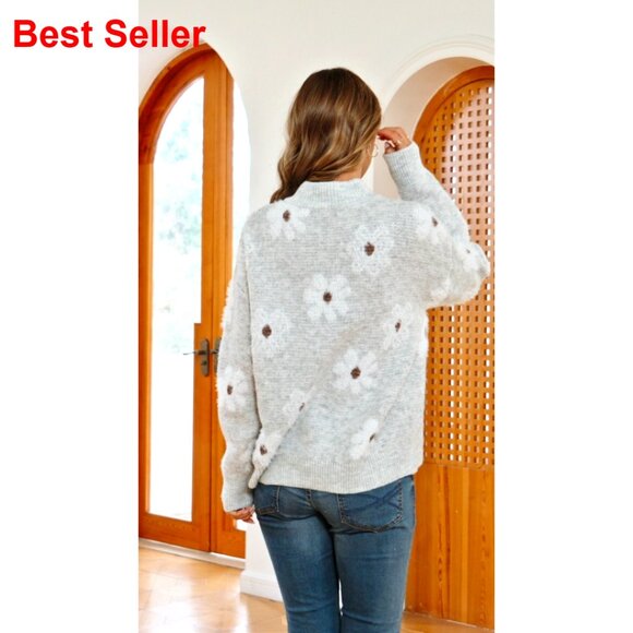 Quarter Zip Floral Pullover Sweater Long Sleeve V Neck Casual Top - Picture 7 of 7